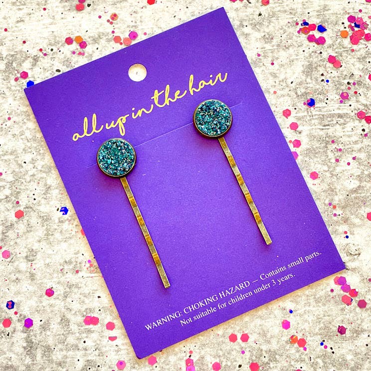 Teal Glitter Druzy Bobby Pins