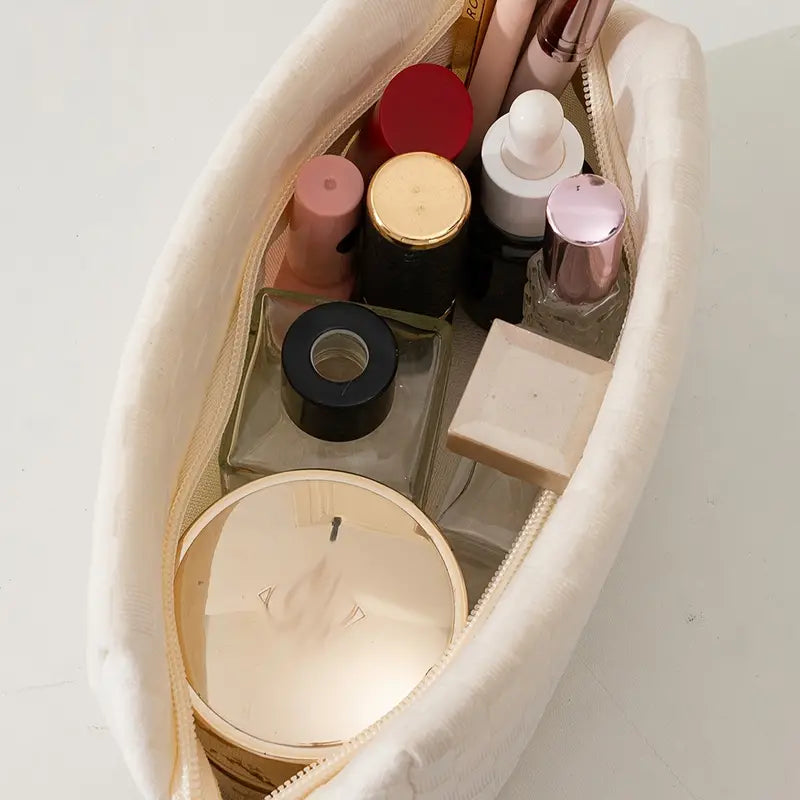 White Small Plaid Fabric Makeup Bag
