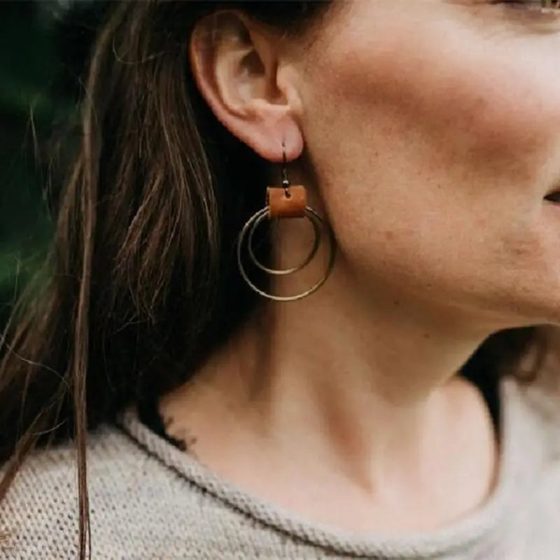 Geometric Double Circle Hook Earrings w/PU Leather