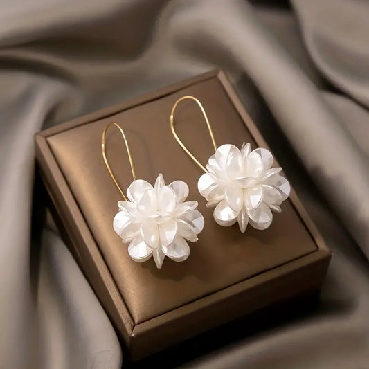 White Fabric Flower Design Dangle Earrings