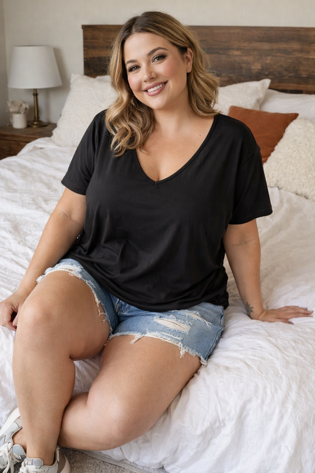 Curvy Short Sleeve V Neck Hi-Low Hem Top
