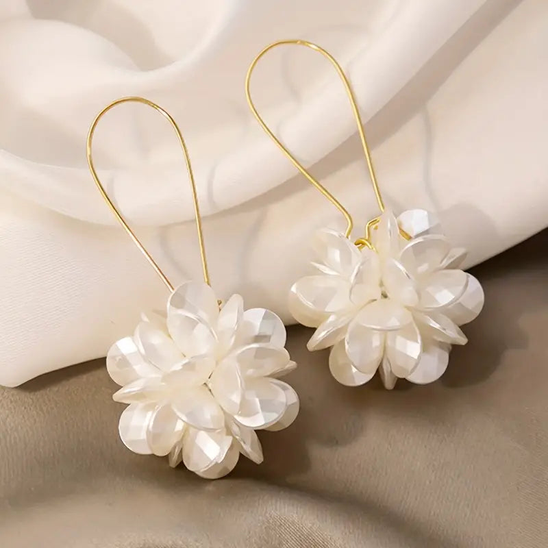 White Fabric Flower Design Dangle Earrings