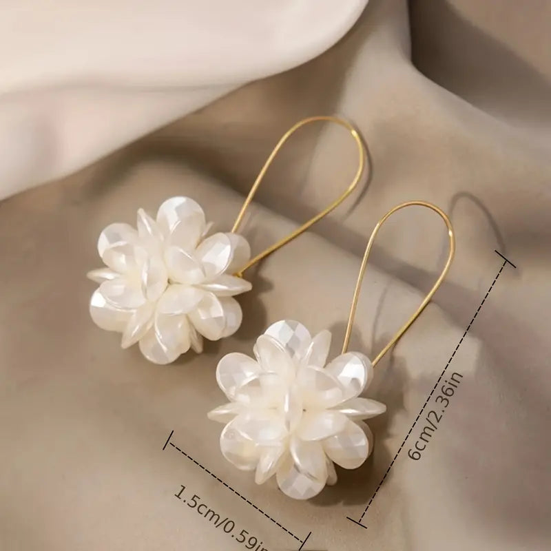 White Fabric Flower Design Dangle Earrings