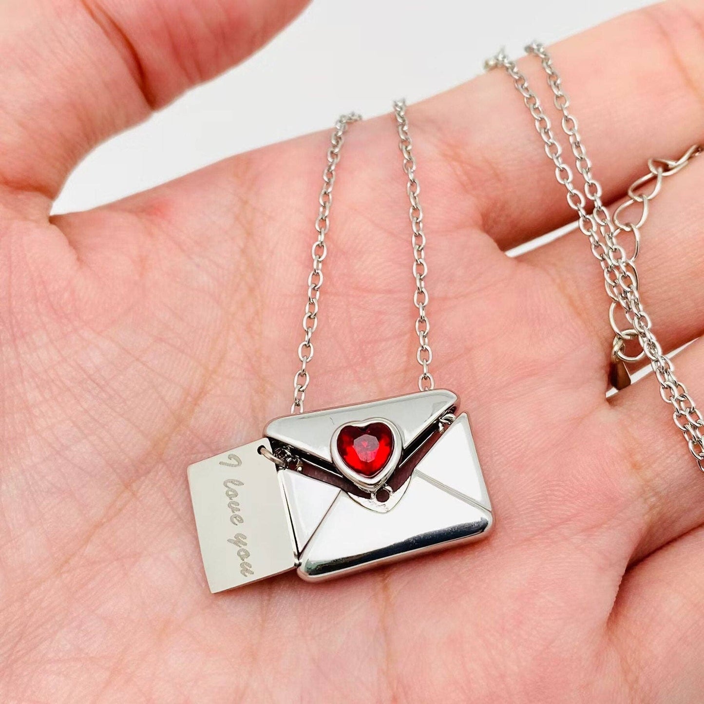 "I Love You" Heart-shaped Cubic Zirconia Envelope Necklace