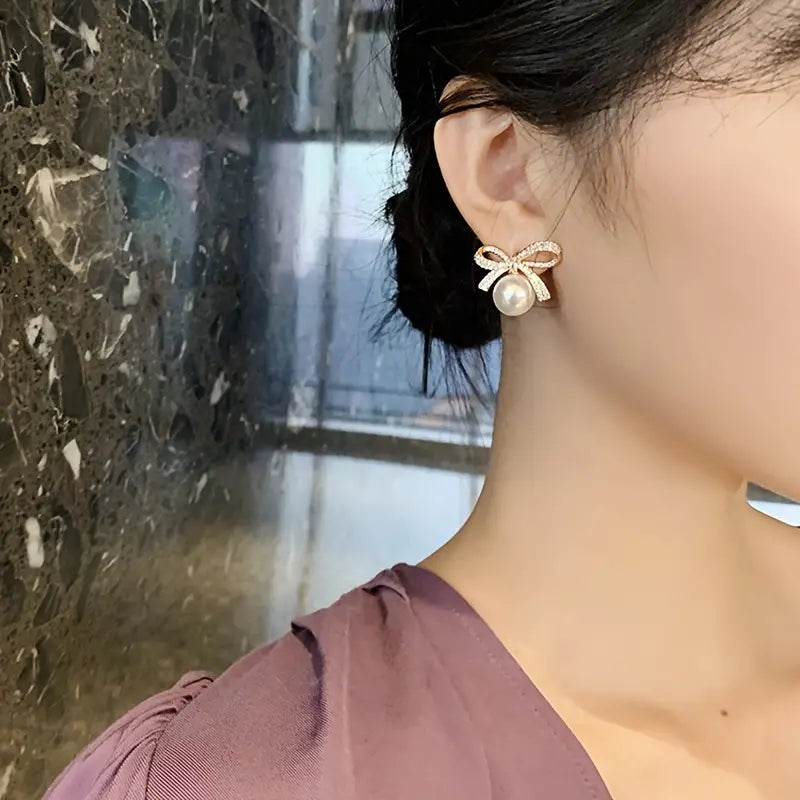 Bow Rhinestone Pearl Stud Earrings