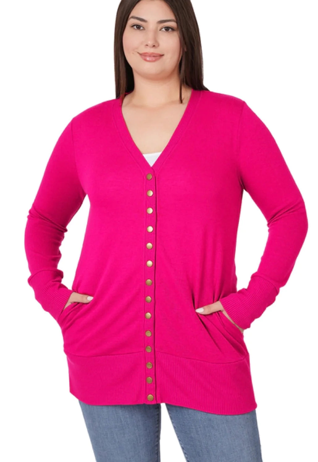 Curvy Magenta Snap Cardigan