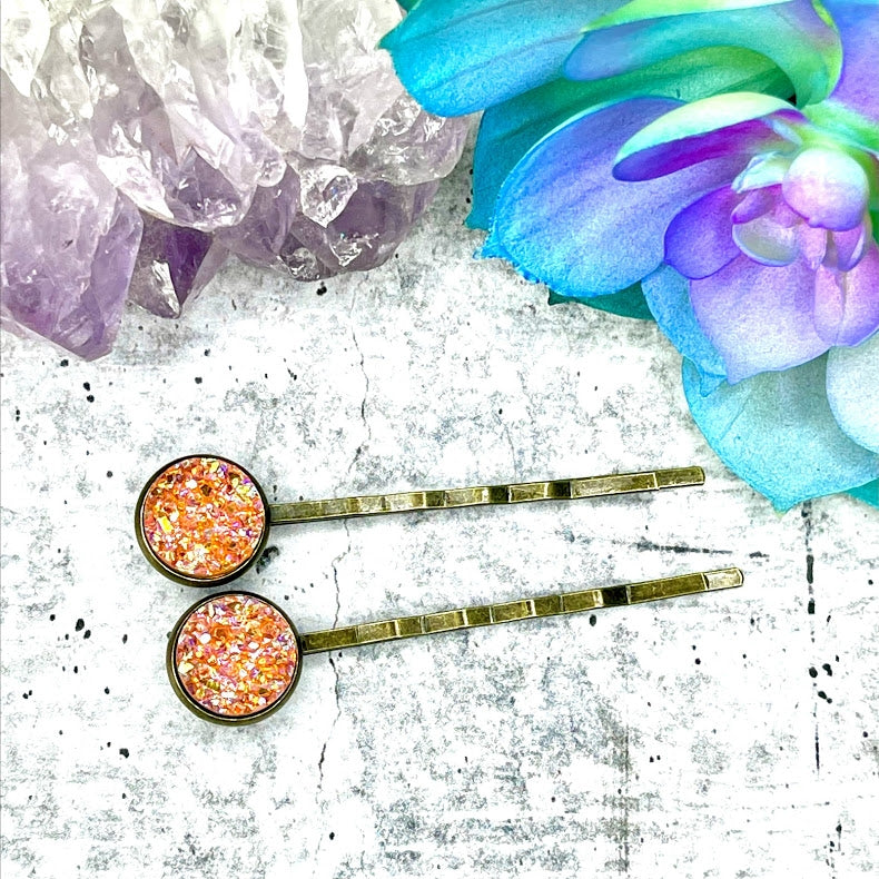 Orange Druzy Agate Bobby Pins
