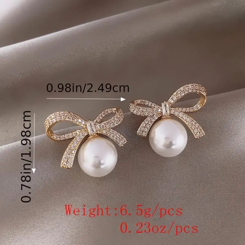 Bow Rhinestone Pearl Stud Earrings