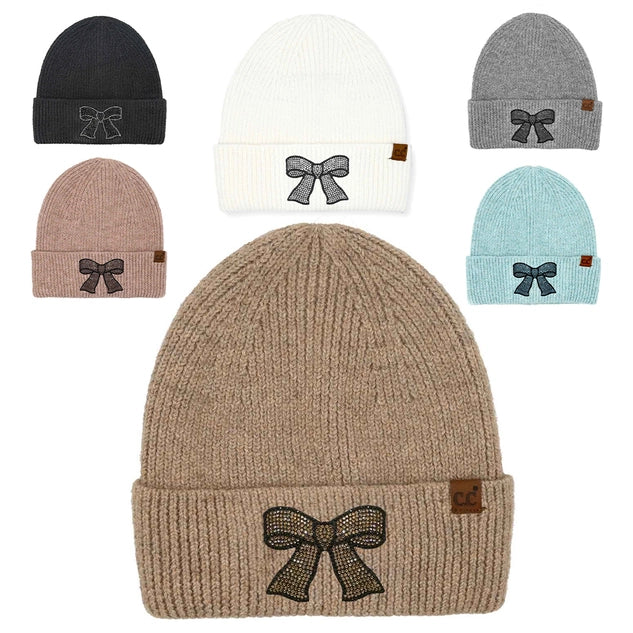 Rhinestone Ribbon Bow Embellishment Beanie