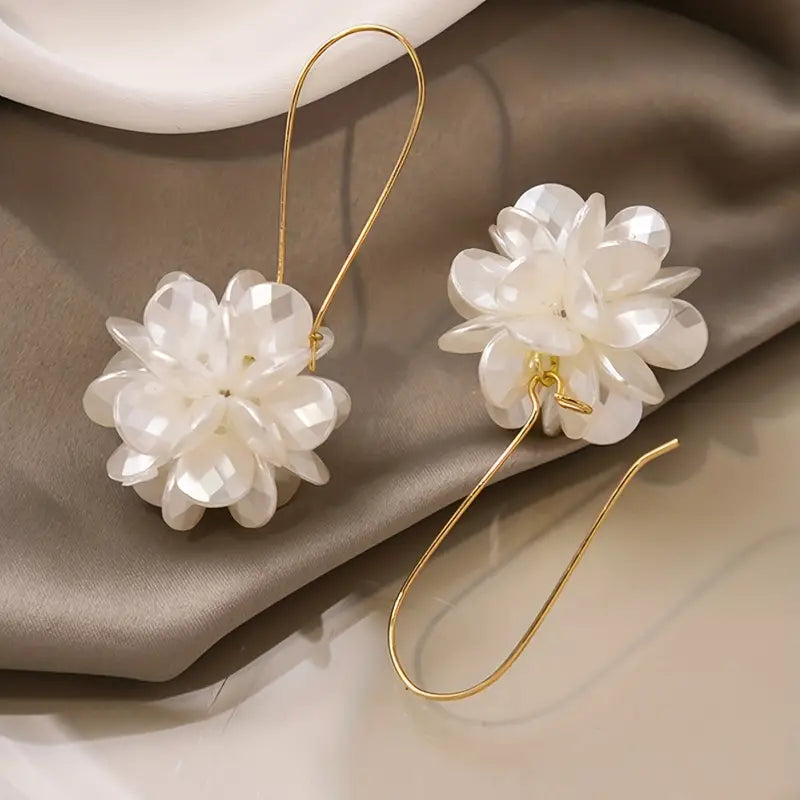 White Fabric Flower Design Dangle Earrings