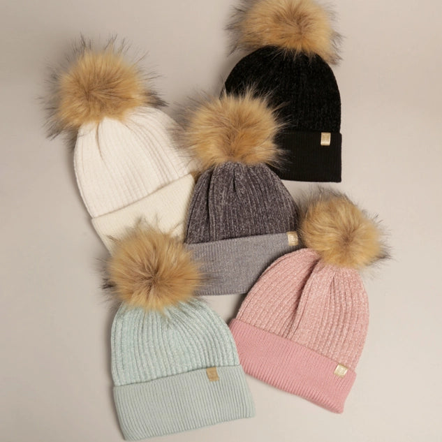 Winter Solid Chenille Cuff Beanie with Pom Pom