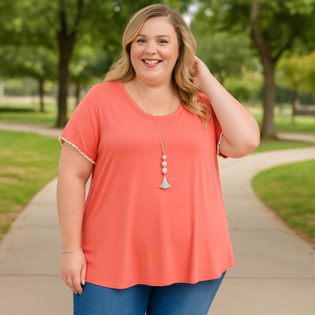 Curvy Coral Pom Pom Detail Tee
