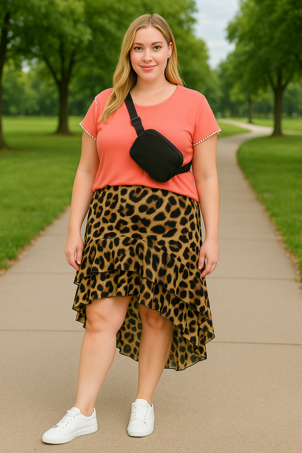 Curvy Coral Pom Pom Detail Tee