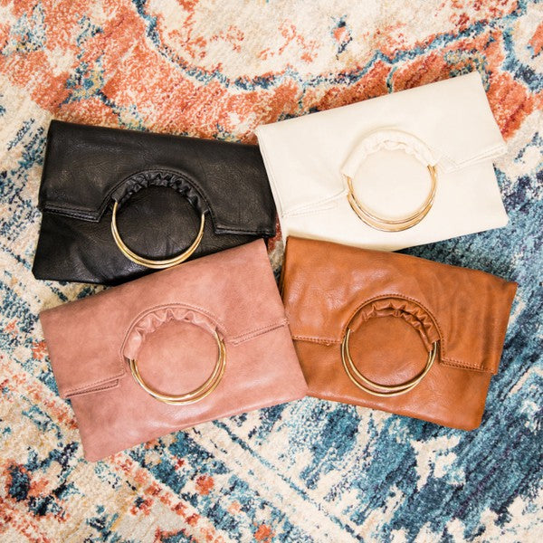 O Ring Clutch Handbag with Ruffle Accent