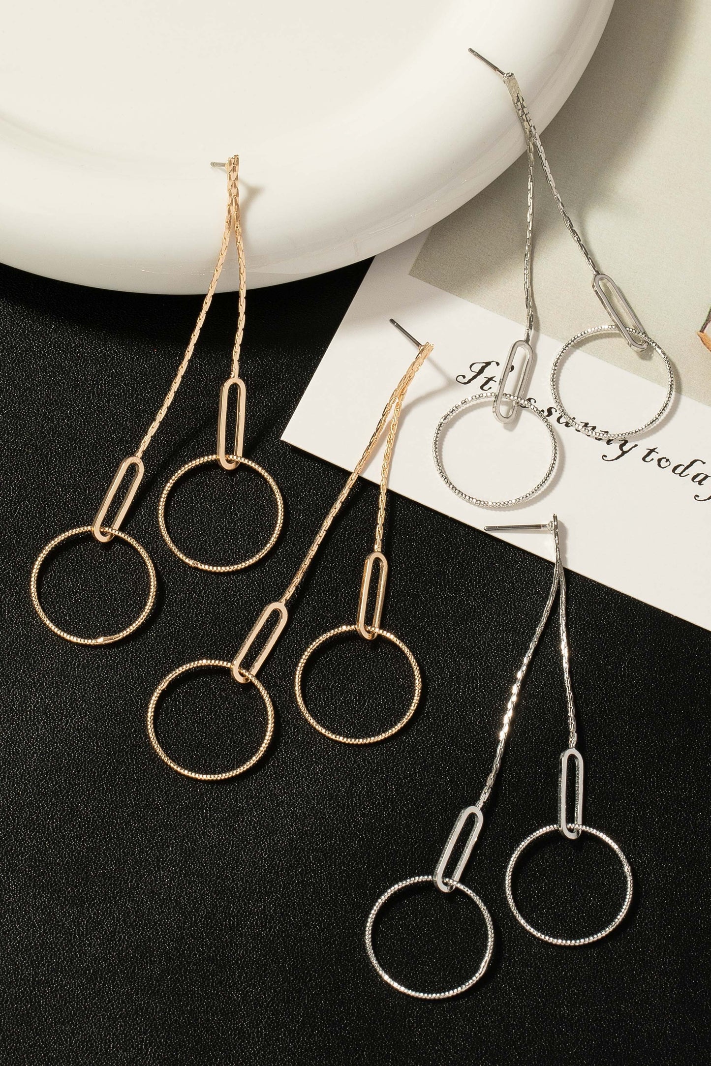 BRASS CHAIN DROP EARRINGS WITH DANGLING HOOPS