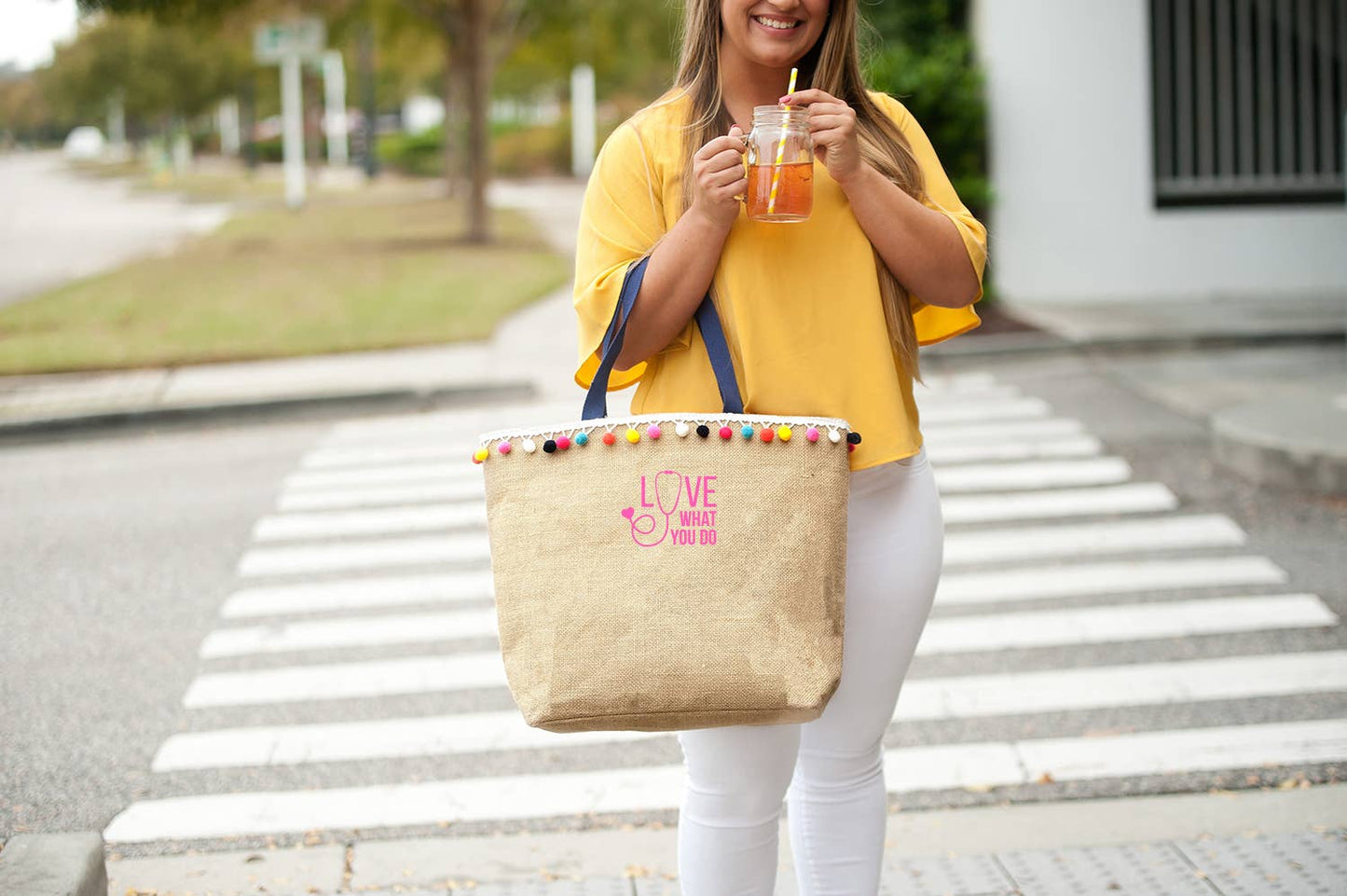 Multi Color Pom Pom Tote