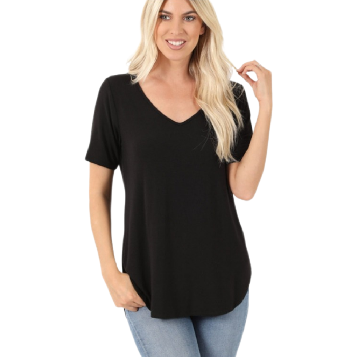 Curvy Short Sleeve V Neck Hi-Low Hem Top