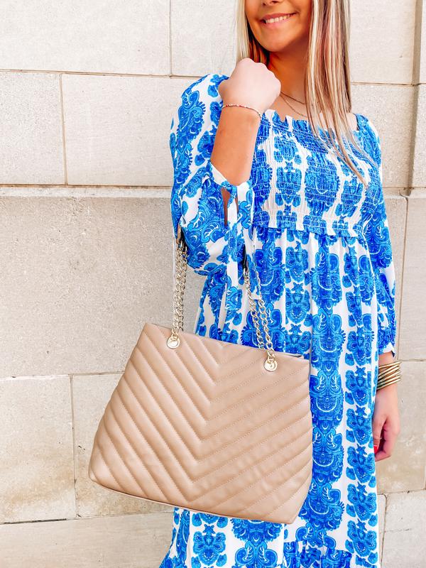 Quilted Tote with Wallet in Tan