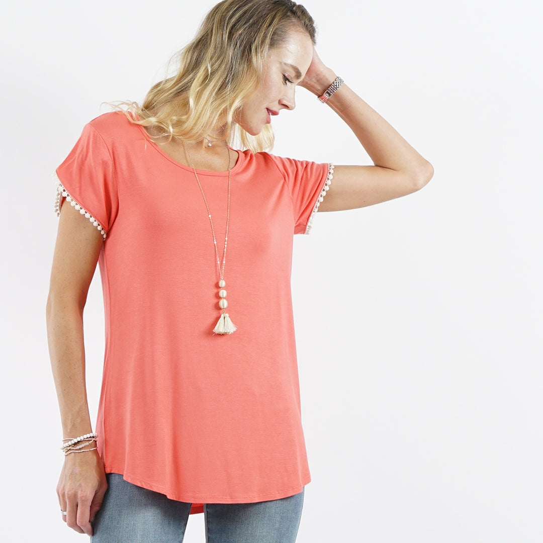 Curvy Coral Pom Pom Detail Tee