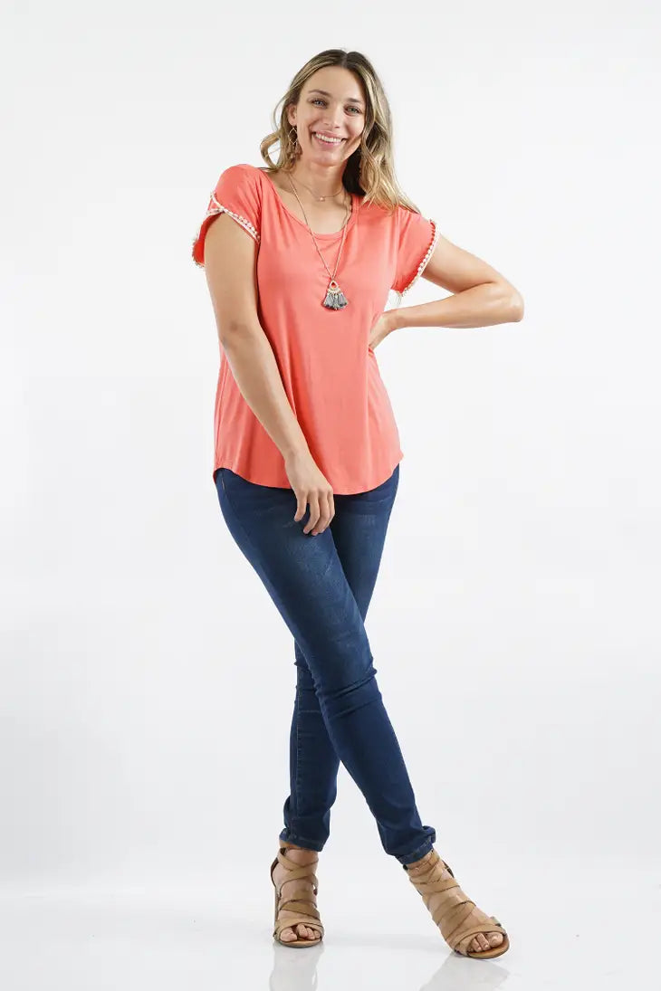 Curvy Coral Pom Pom Detail Tee