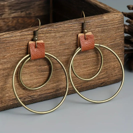 Geometric Double Circle Hook Earrings w/PU Leather