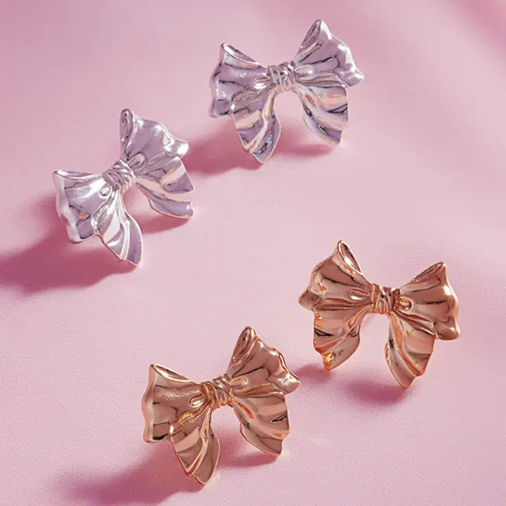 Metal Bow Ribbon Knob Stud Post Earrings