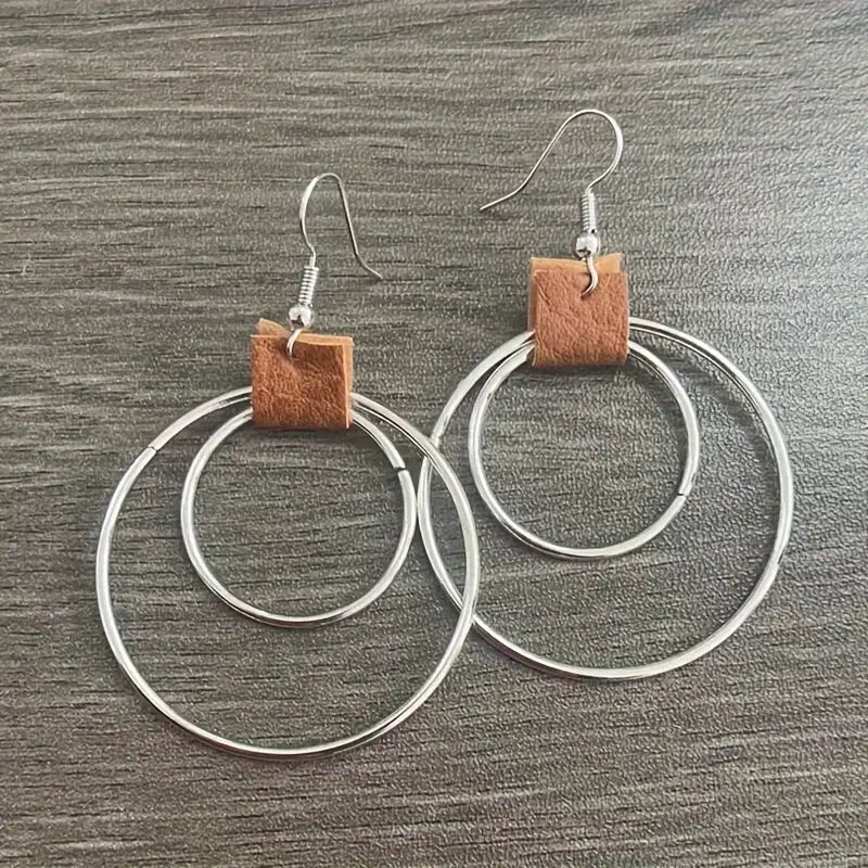 Geometric Double Circle Hook Earrings w/PU Leather