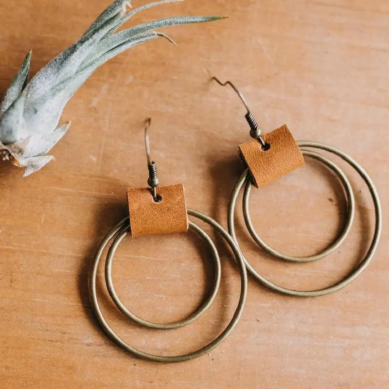 Geometric Double Circle Hook Earrings w/PU Leather