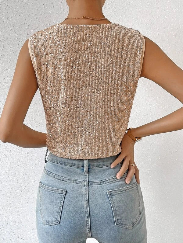 Sleeveless Sequined Wrap Bodysuit