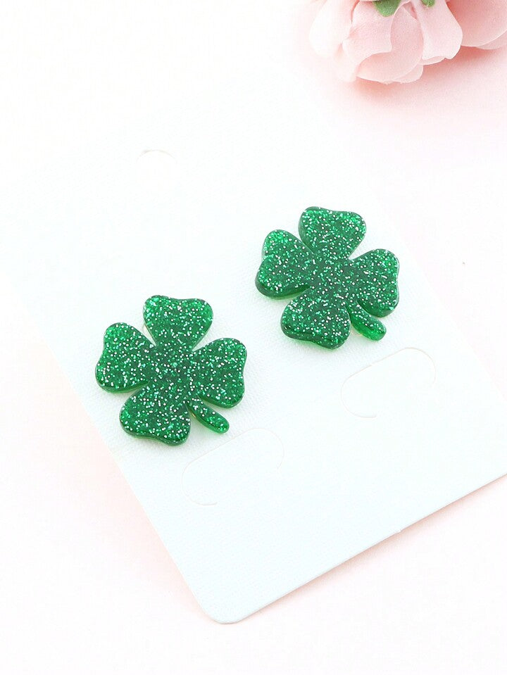 Glitter Acrylic St. Patties Day Clover Earrings