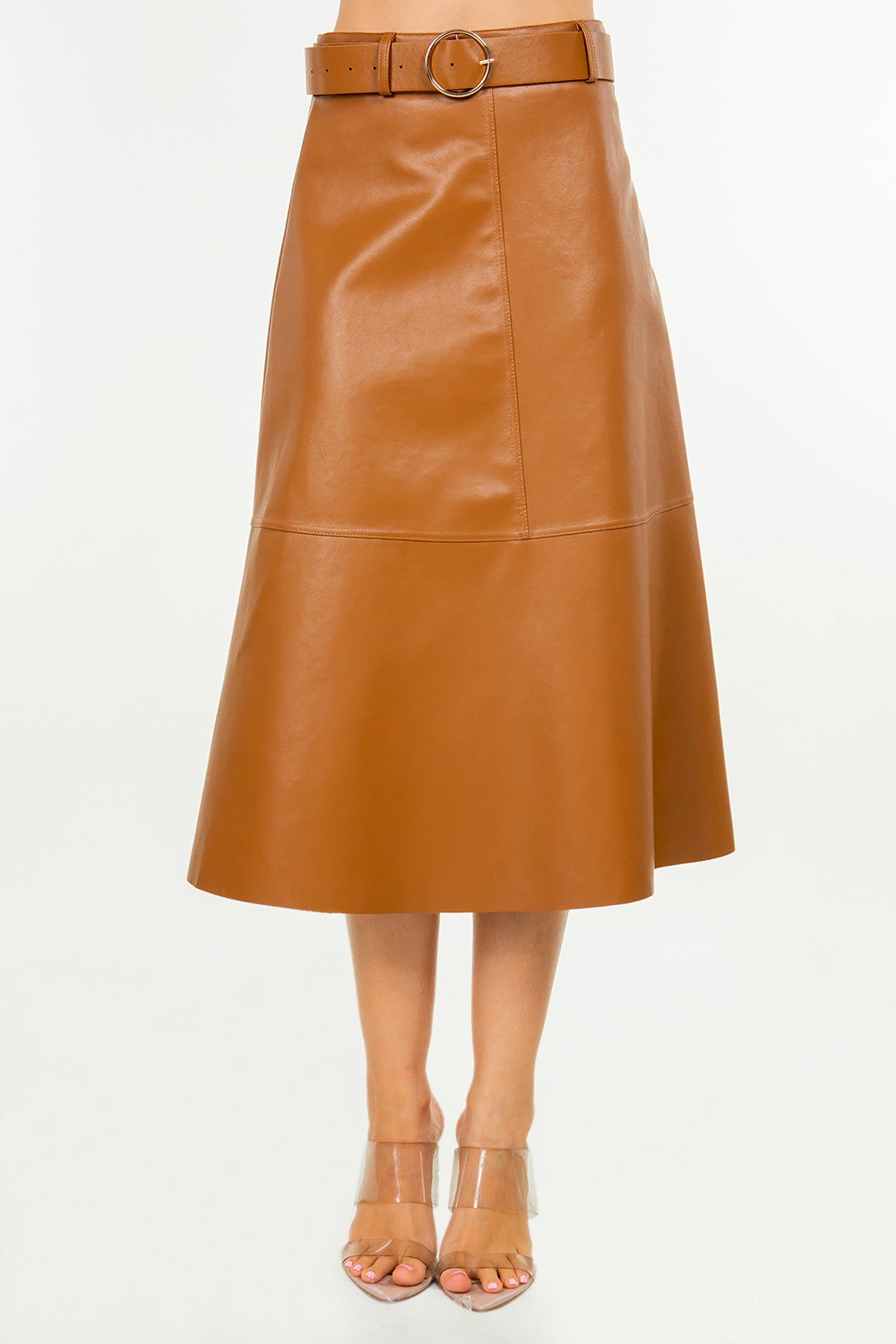 A Line Midi Faux Leather Skirt w/belt