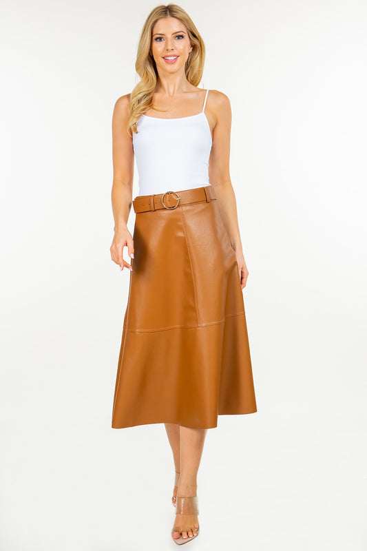 A Line Midi Faux Leather Skirt w/belt