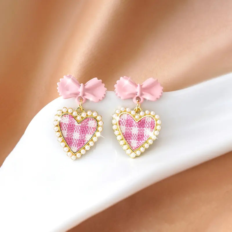 Pink Gingham Heart Drop Earrings