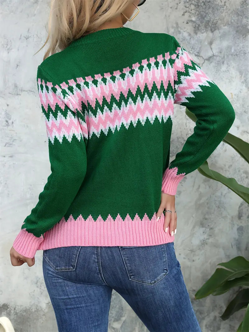 Green Color Block Striped Crew Neck Pullover Sweater