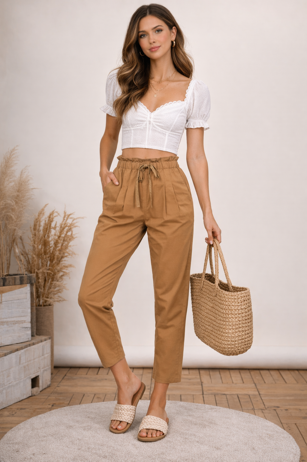 Camel Canvas Paperbag Waist Pants