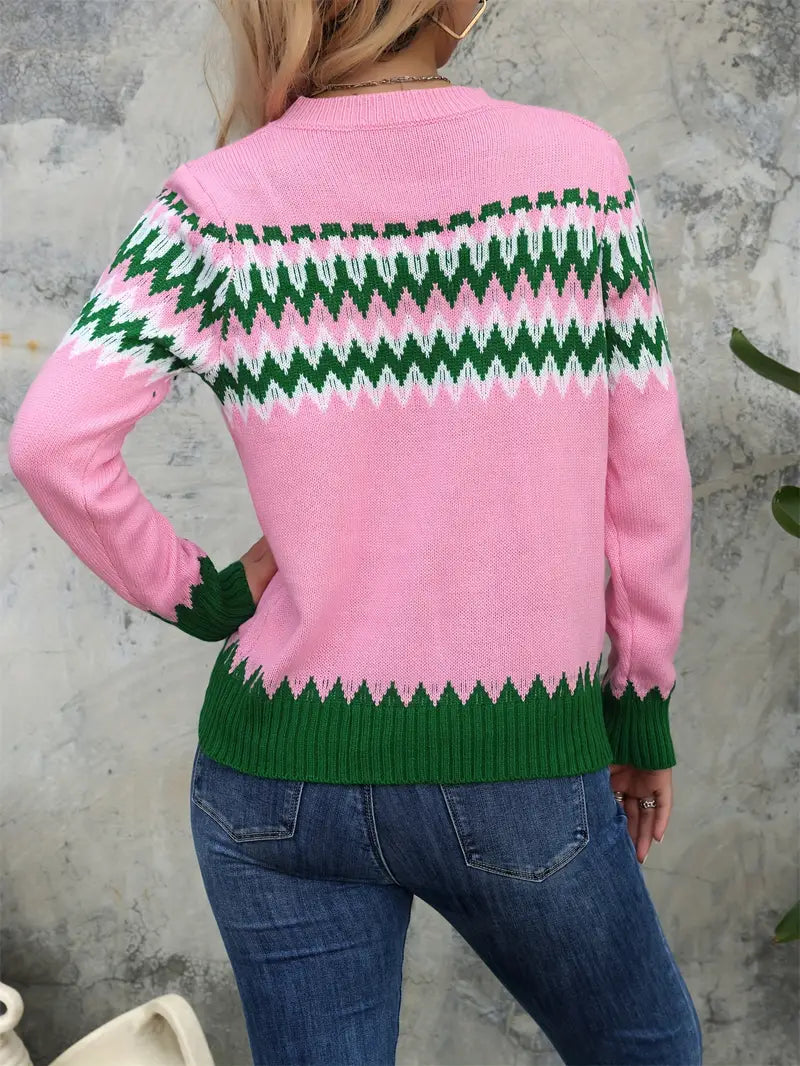 Pink Color Block Striped Crew Neck Pullover Sweater