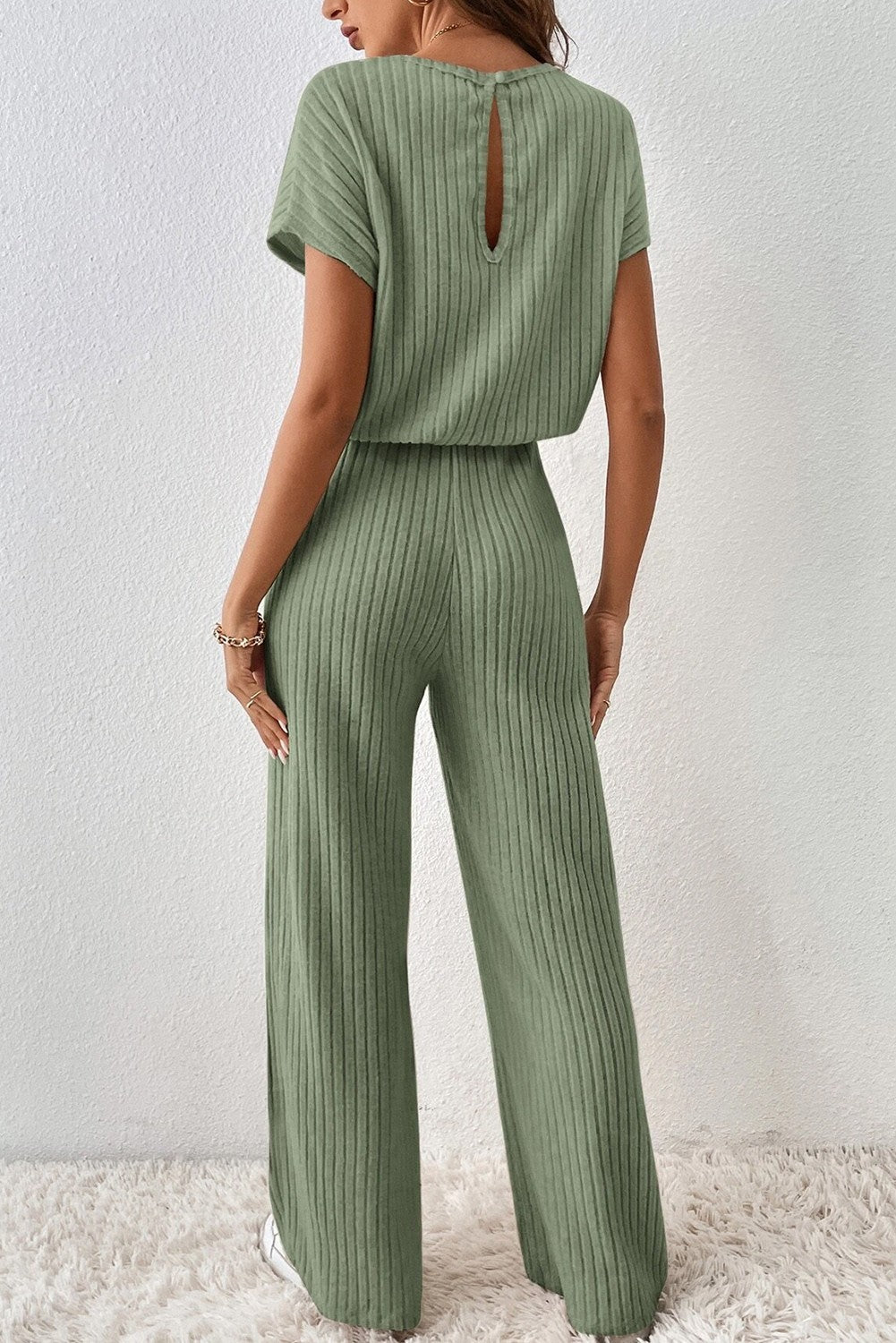 Sage Green Ribbed Short Sleeve Wide Leg Jumpsuit