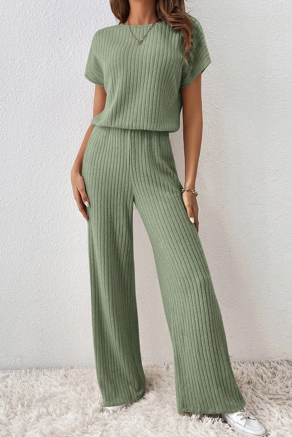 Sage Green Ribbed Short Sleeve Wide Leg Jumpsuit