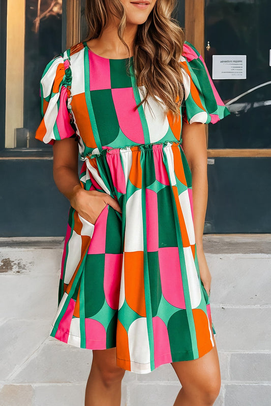 Green Abstract Print Puff Sleeve Short Dress