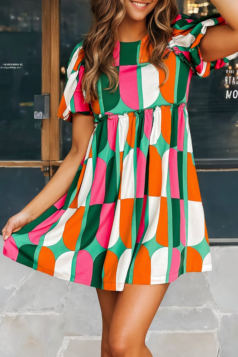 Green Abstract Print Puff Sleeve Short Dress