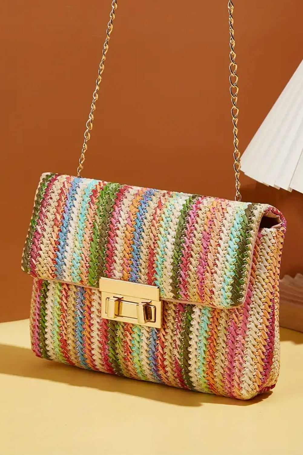 Pink Bohemian Woven Gold Chain Shoulder Bag