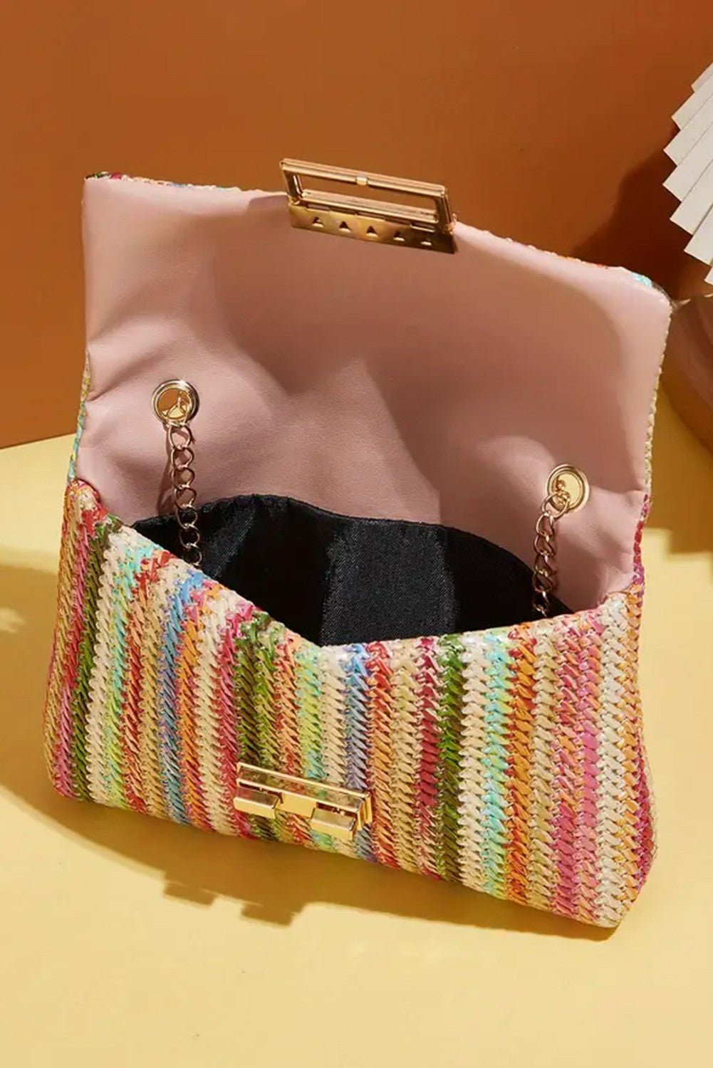 Pink Bohemian Woven Gold Chain Shoulder Bag