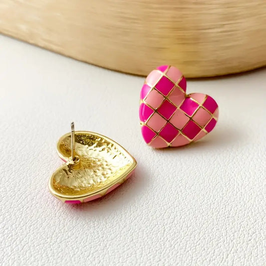 Checkered Heart Stud Earrings