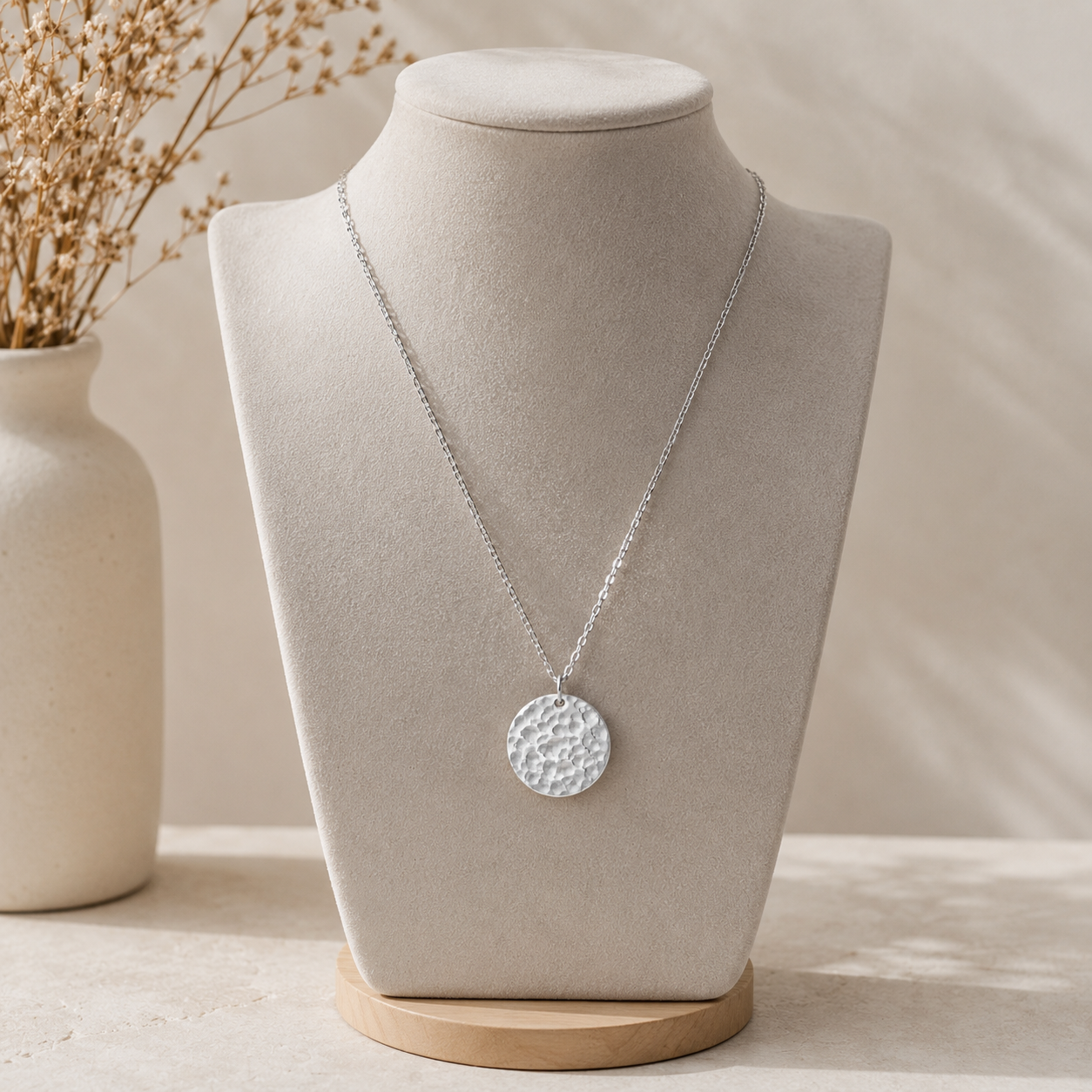 Simple Circular Hammered Pendant Necklace