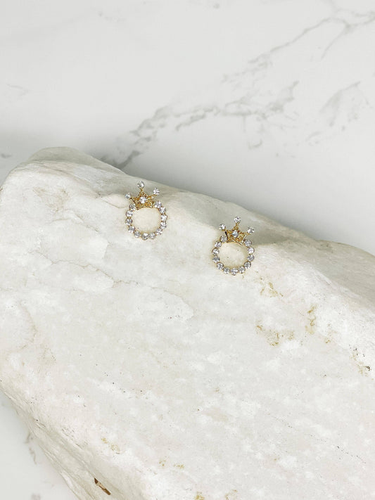 Crystal Crown Stud Earrings: Gold