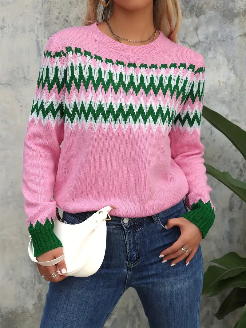 Pink Color Block Striped Crew Neck Pullover Sweater