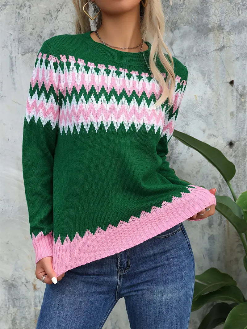 Green Color Block Striped Crew Neck Pullover Sweater