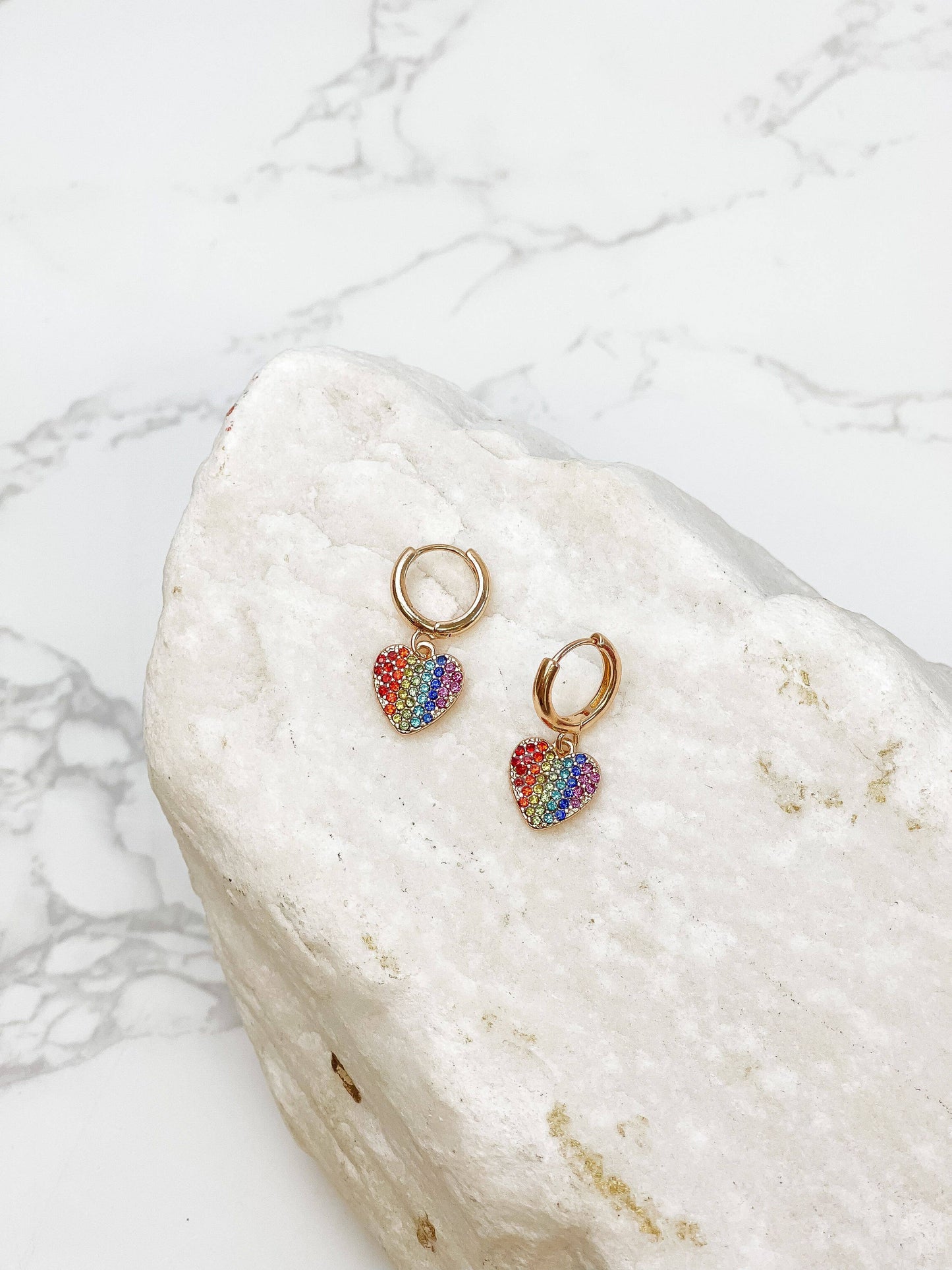 Rainbow Pave Heart Dangle Huggies