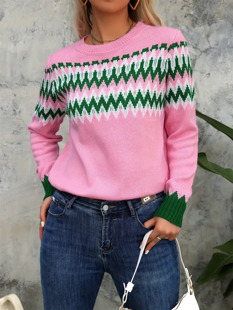 Pink Color Block Striped Crew Neck Pullover Sweater