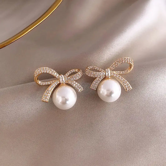 Bow Rhinestone Pearl Stud Earrings